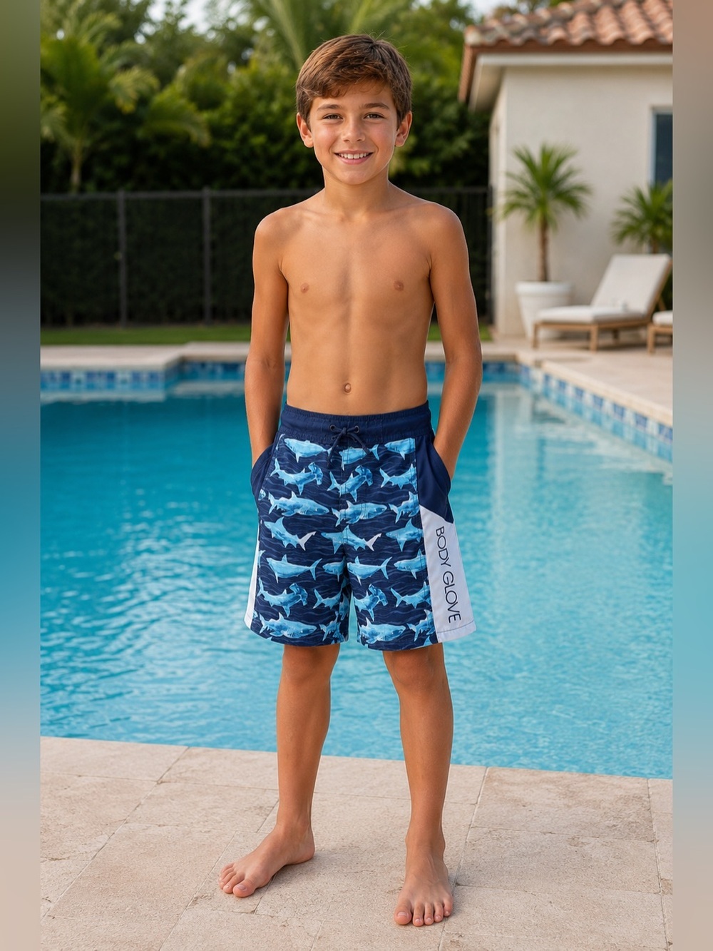 Body Glove Boys Navy Blue and Light Blue Shark Print Swim Trunks